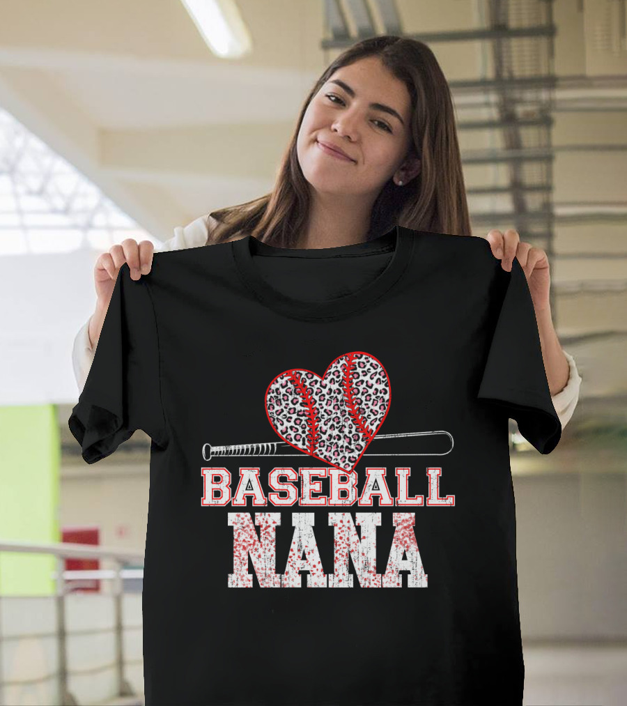 Baseball Nana Leopard Heart Bat T-Shirt