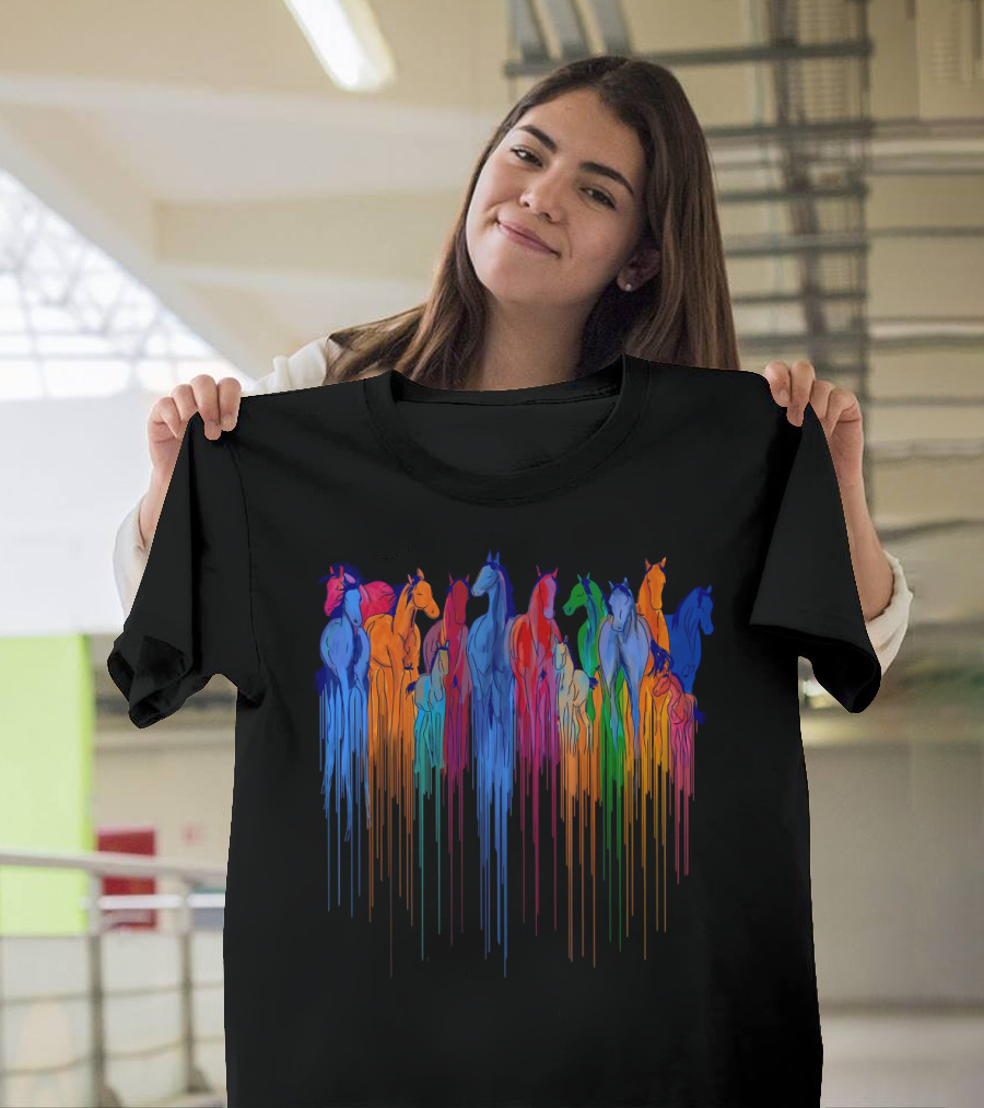 Horse Watercolor Rainbow Drip Multi-Color Herd T-Shirt