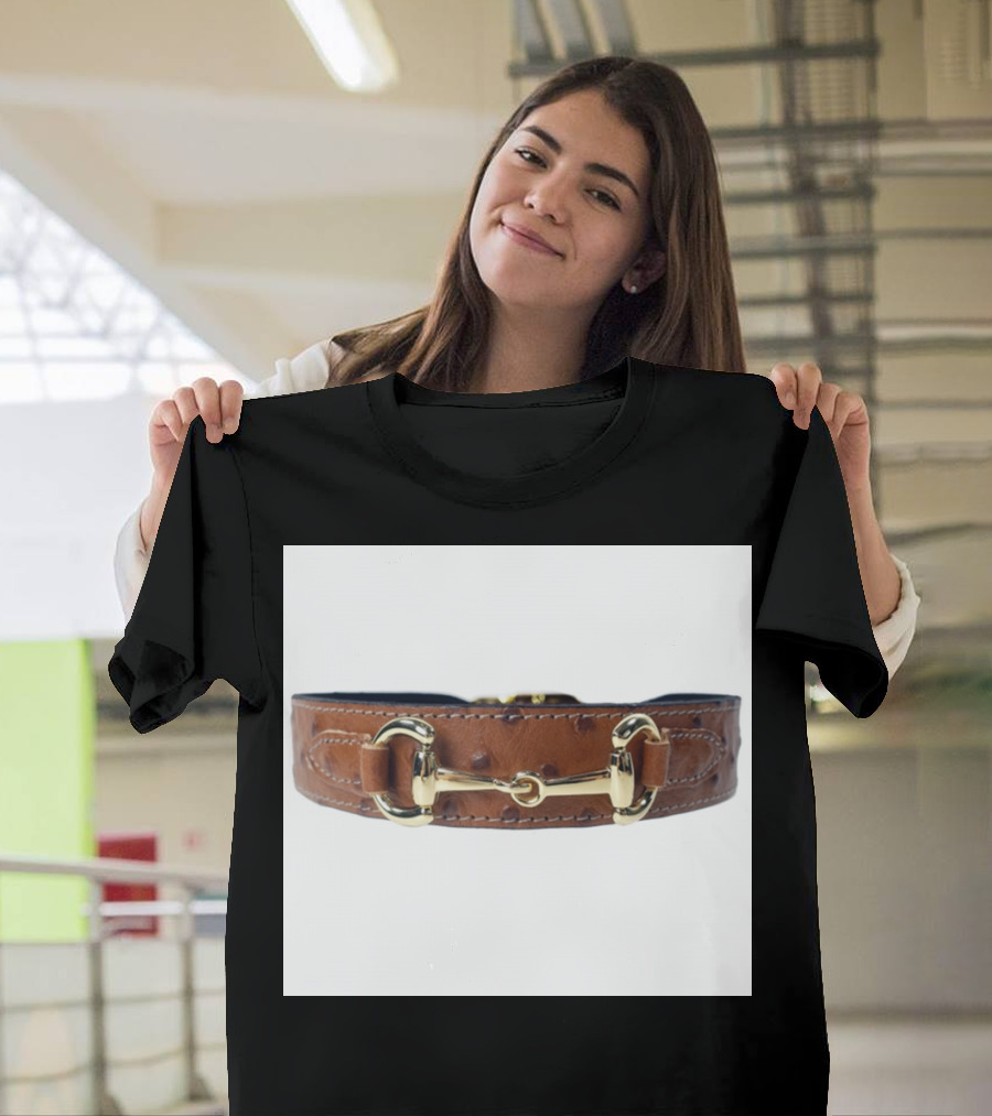 Luxury Brown Leather Dog Collar with Gold Hardware and Equine-Inspired T-Shirt