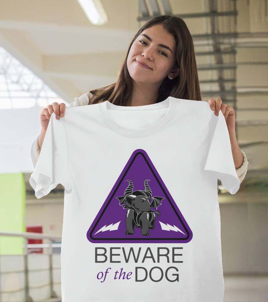 Beware of the Dog with Horns and Bat Wings Inside Purple Triangle T-Shirt