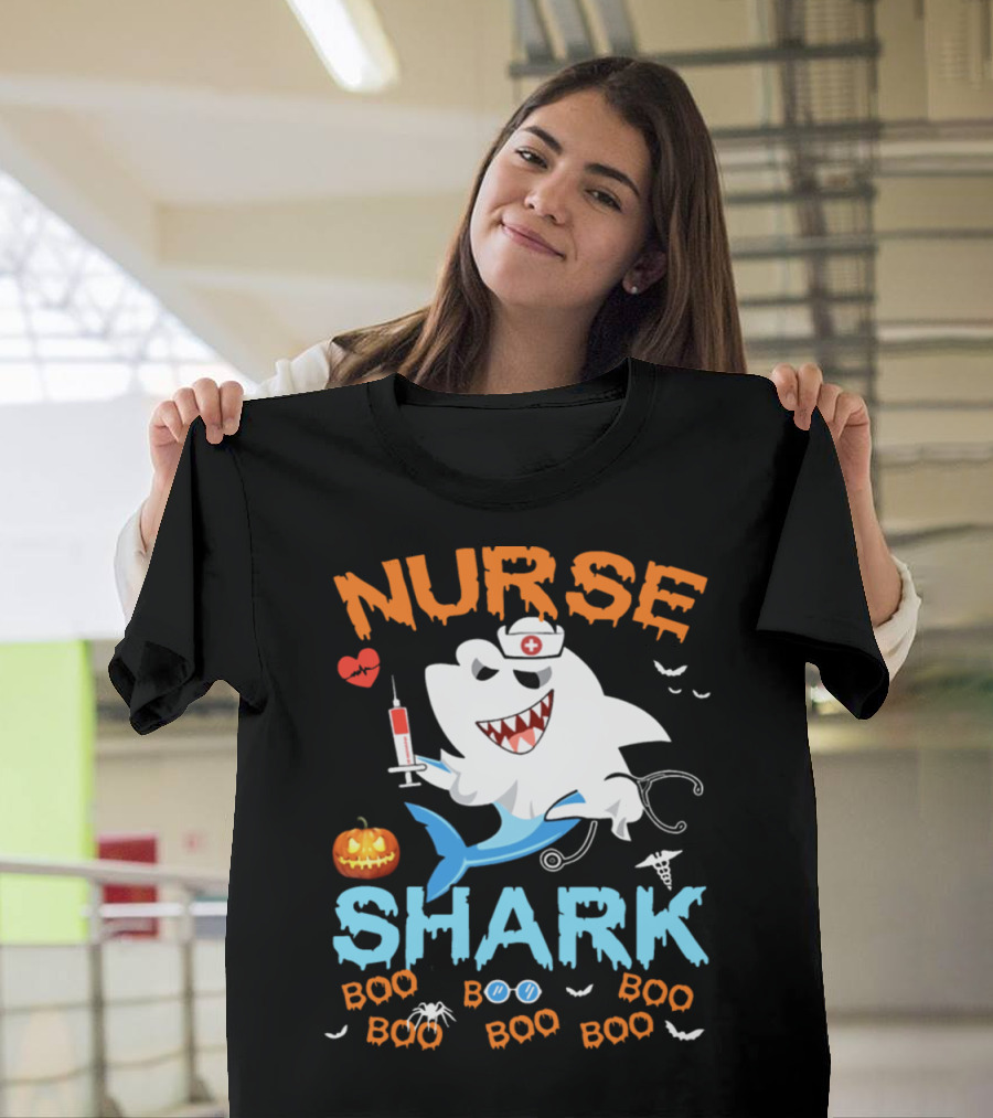 Nurse Shark Halloween Boo Scare with Pumpkins and Ocean Nurse T-Shirt