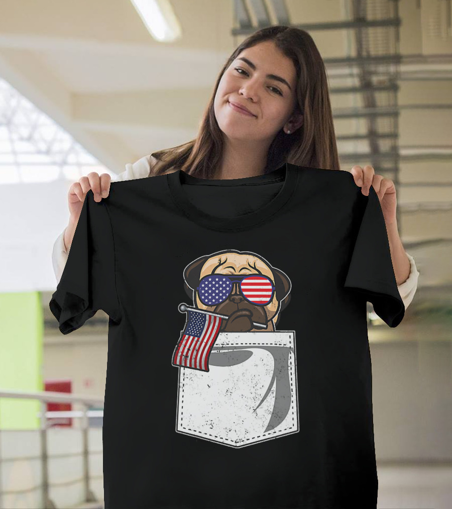 4th of July Pug with USA Flag and Stars and Stripes Sunglasses in Pocket T-Shirt