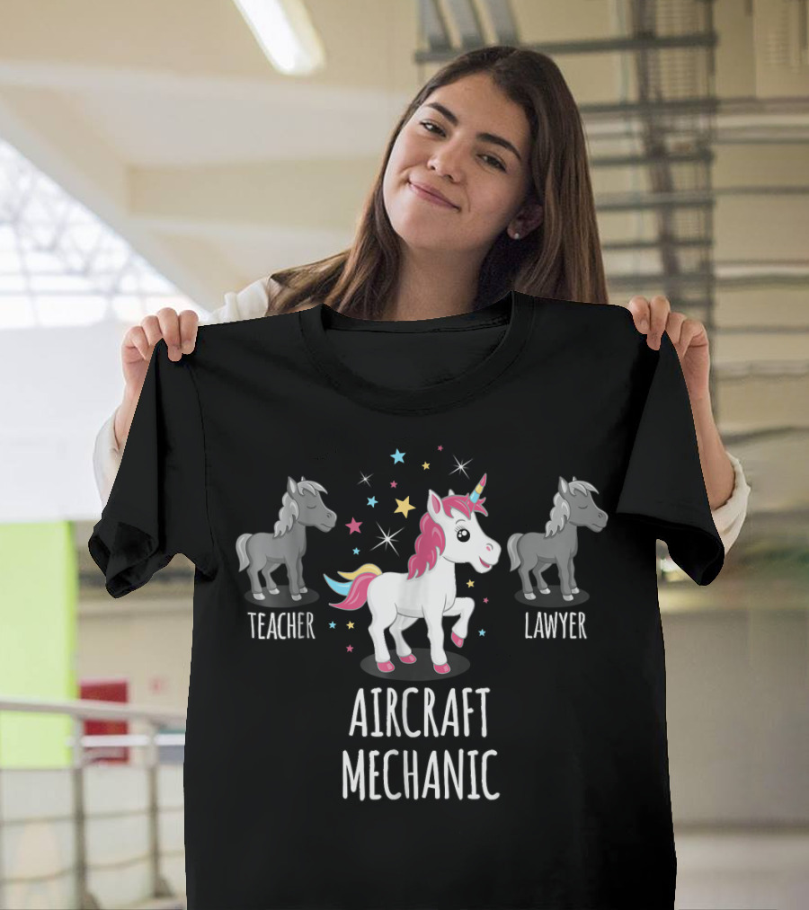 Aircraft Mechanic Unicorn with Teacher and Lawyer Horses T-Shirt