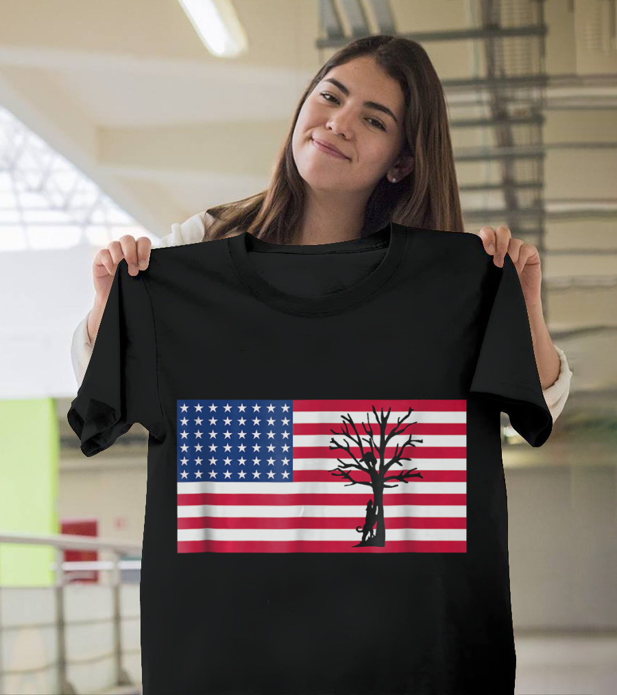 American Flag with Tree and Dog Silhouette Coon Hunting T-Shirt