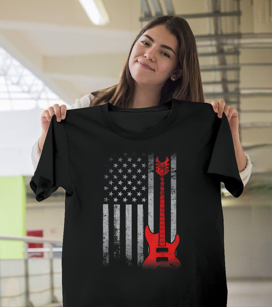 American Flag Guitar Patriotic Guitarist Music T-Shirt