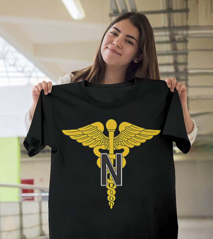 Army Nurse Corps Emblem with Yellow Caduceus and Large N T-Shirt
