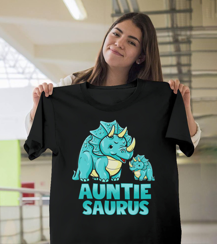 Auntie Saurus Blue Dinosaur Cartoon with Horns T-Shirt