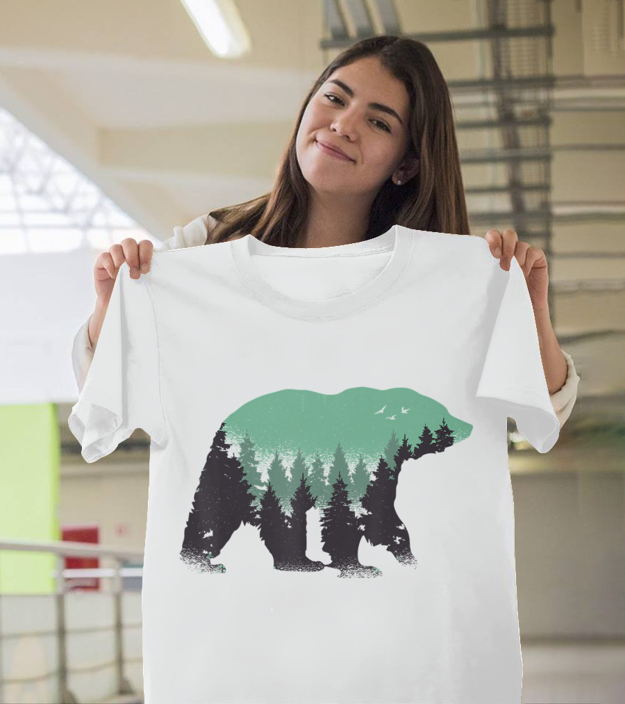 Bear Forest Silhouette with Birds and Trees T-Shirt