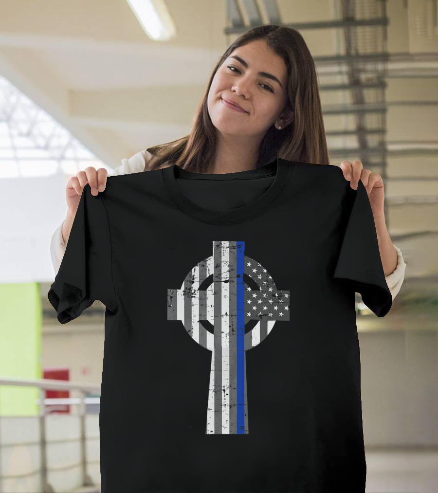 Blue Thin Line Flag Celtic Cross T-Shirt