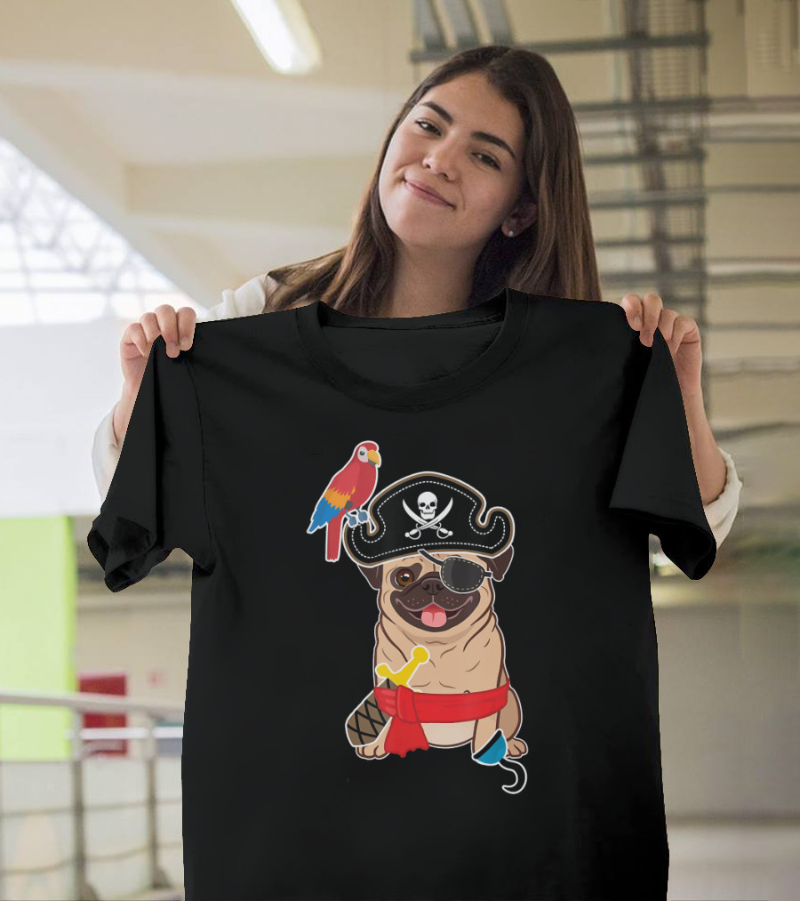Boy Kid Son Pug Pirate Hook Eyepatch Parrot Skull Crossbones Hat T-Shirt