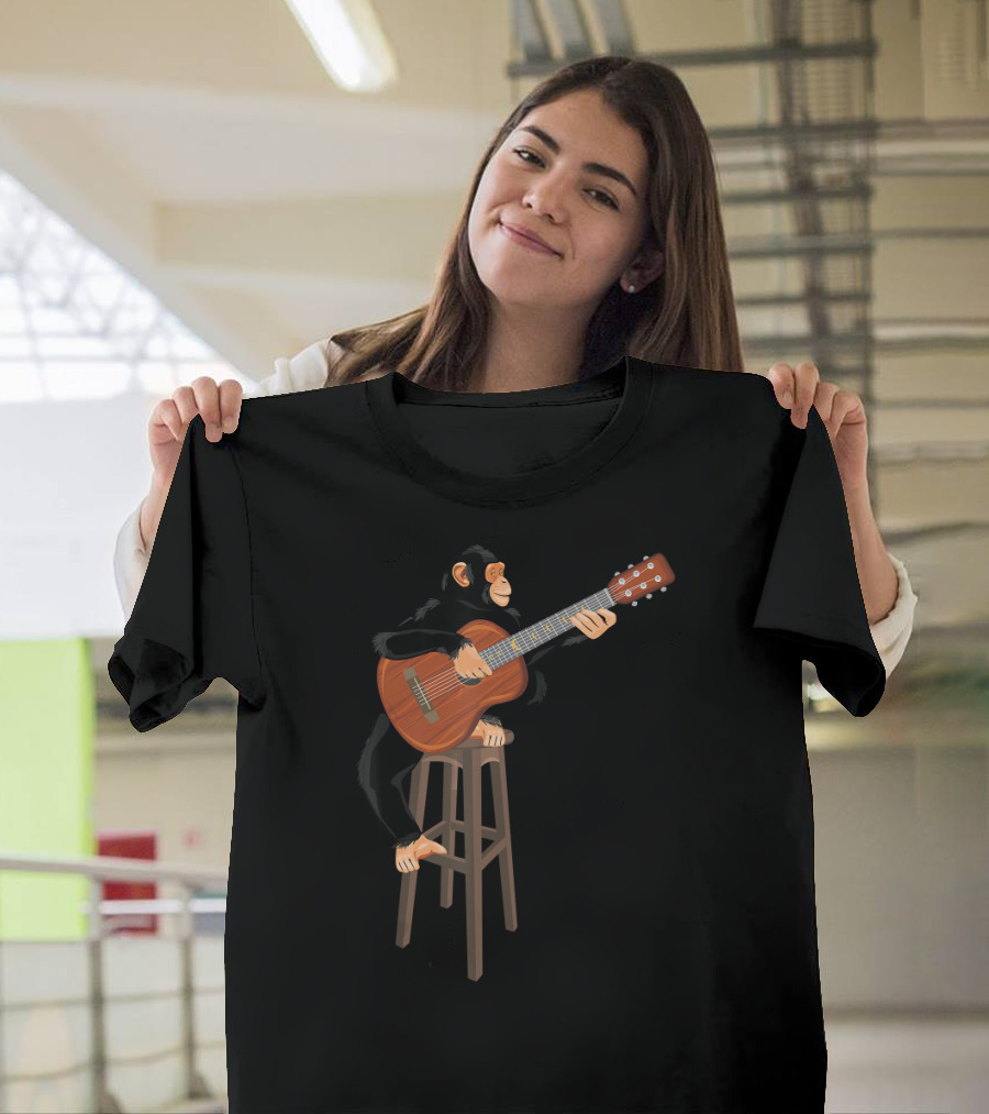 Chimpanzee Playing Acoustic Guitar on Stool T-Shirt