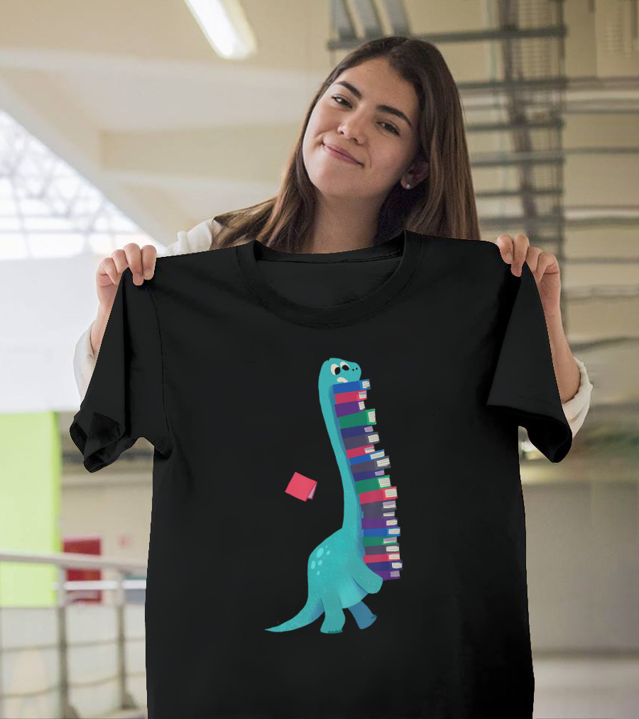 Cute Dinosaur Carrying Books with Playful Reading T-Shirt