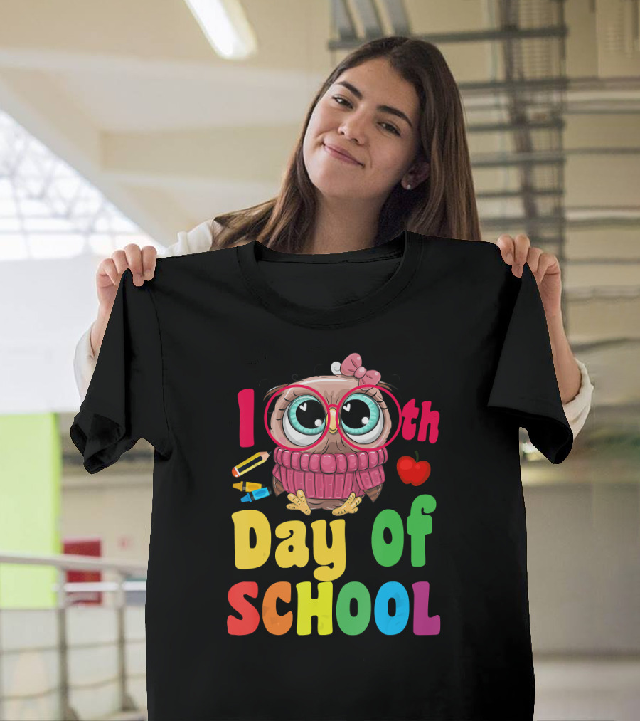 100th Day of School Cute Owl with Glasses and Bow T-Shirt