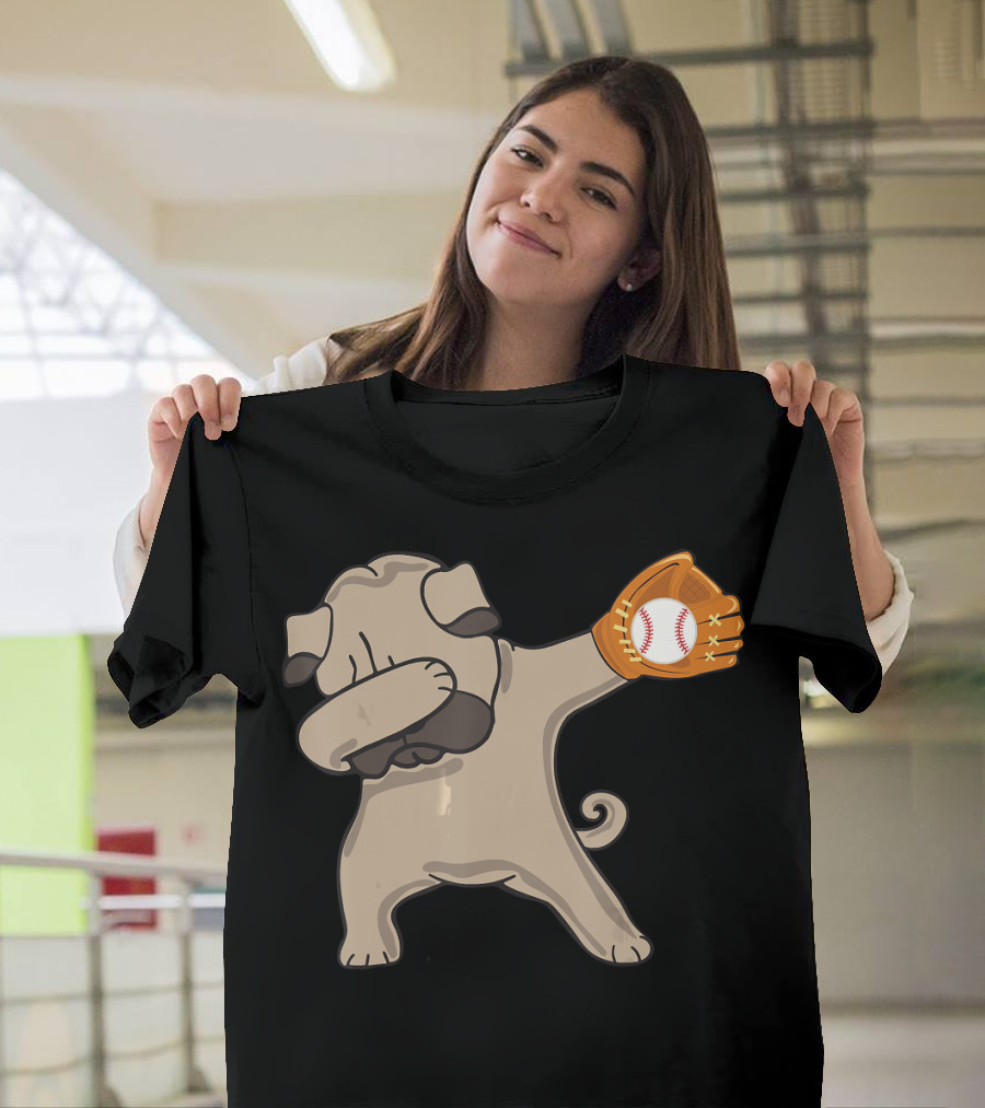 Dabbing Pug Dog with Baseball Glove Playful Catch T-Shirt