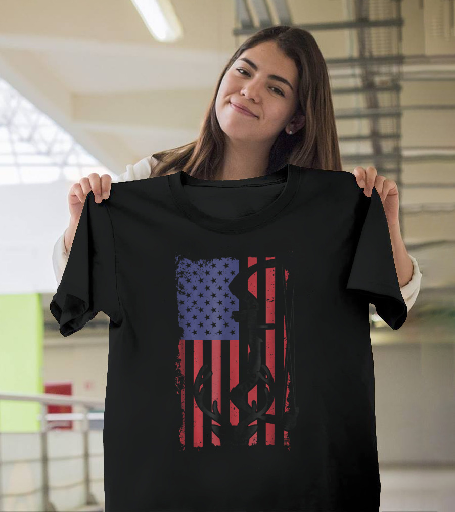 Deer Hunting Bow Over American Flag Background Archery T-Shirt