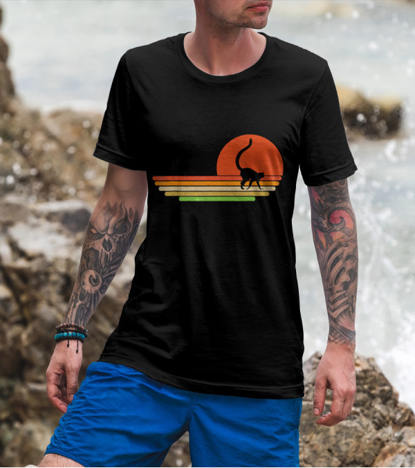 Distressed Lemur Sunset Silhouette Retro Stripes T-Shirt