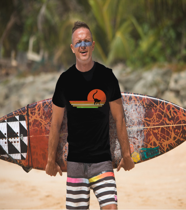 Distressed Lemur Sunset Silhouette Retro Stripes T-Shirt