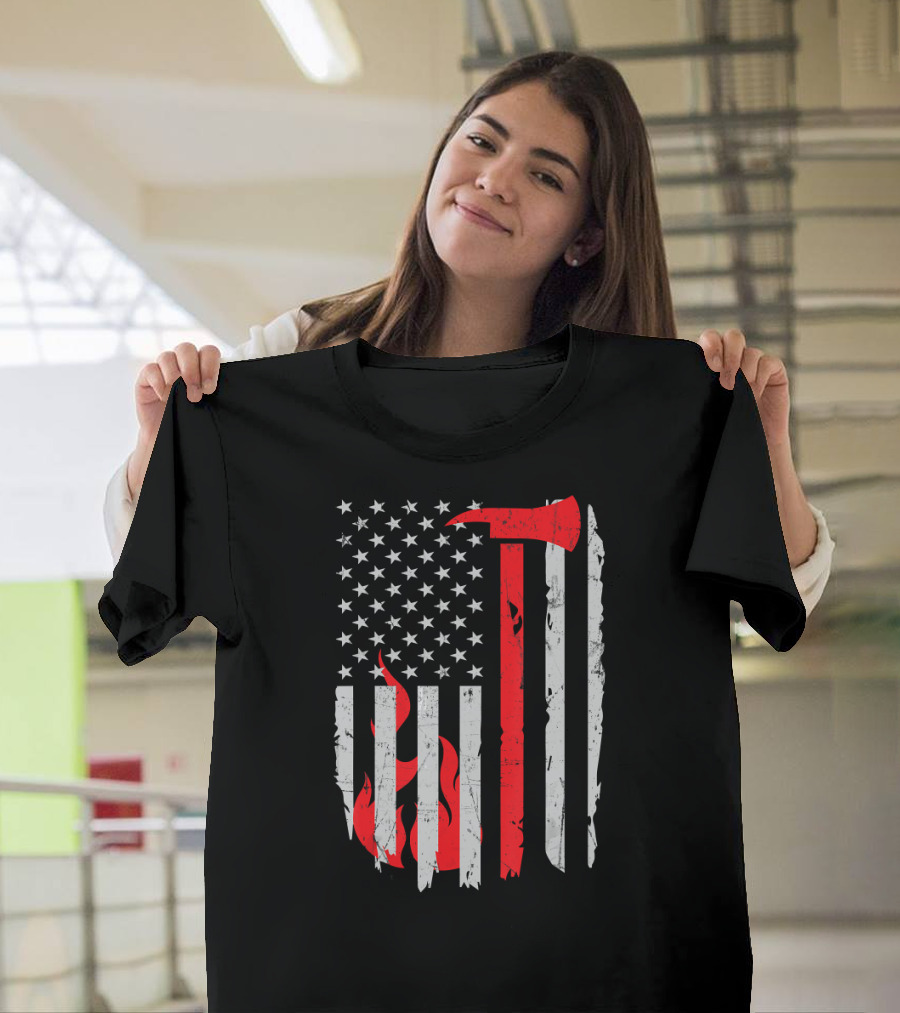 Firefighter Axe USA Flag Thin Red Line Flame Stars Stripes T-Shirt