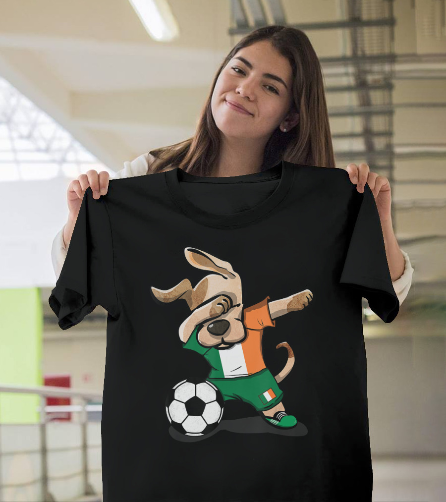 Funny Dabbing Dog with Ireland Soccer Jersey and Soccer Ball T-Shirt