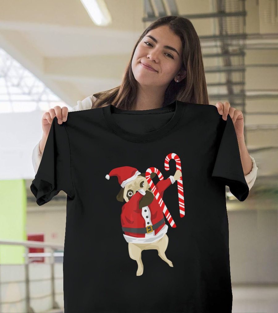 Funny Christmas Dabbing Pug Santa with Candy Canes T-Shirt
