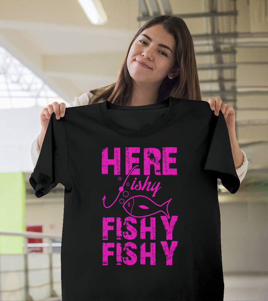Here Fishy Fishy Fishy Funny Fishing Hook and Bubbles T-Shirt