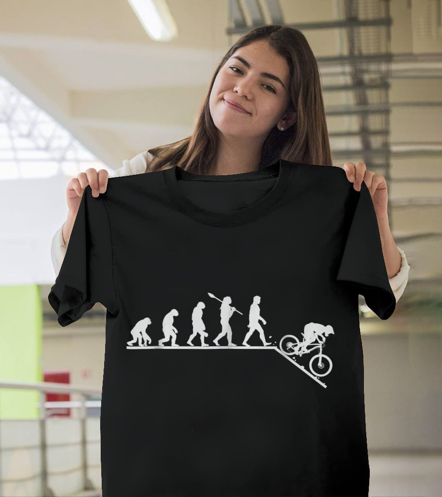 Human Evolution of Mountain Biking Stages Progression on Bicycle T-Shirt