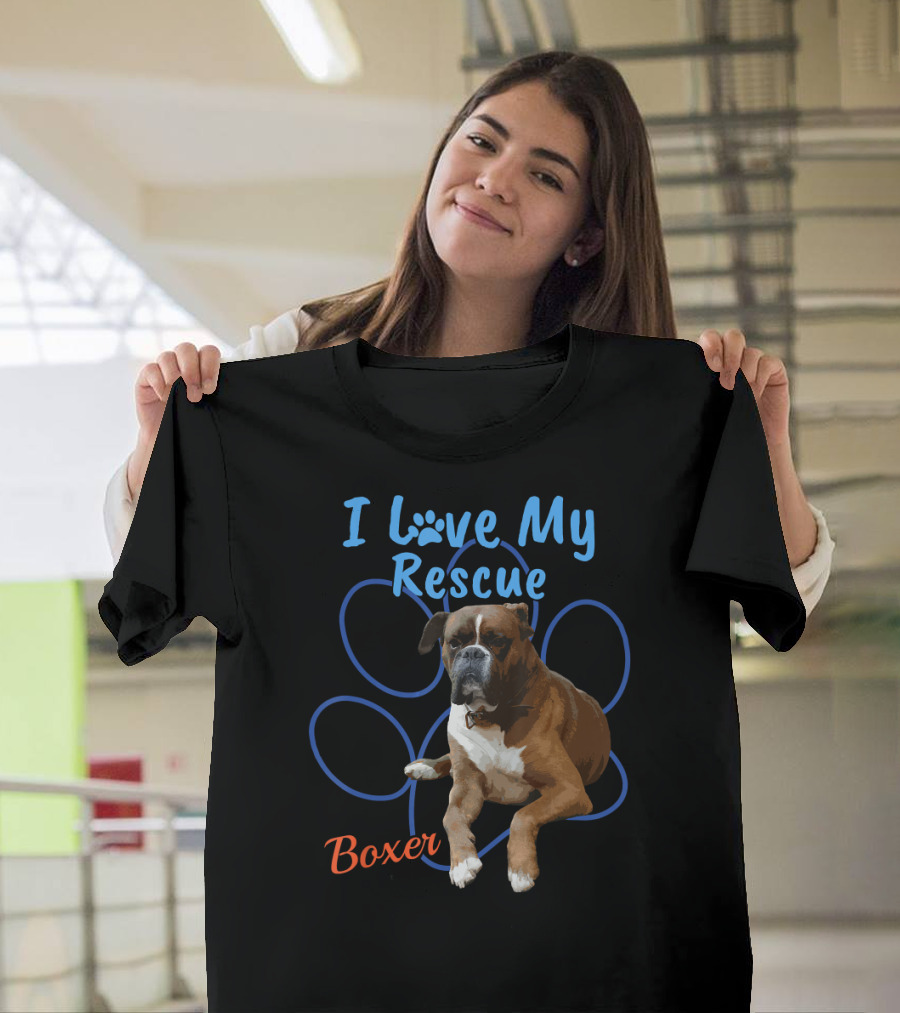 I Love My Rescue Boxer Adopted Dog Pawprint T-Shirt