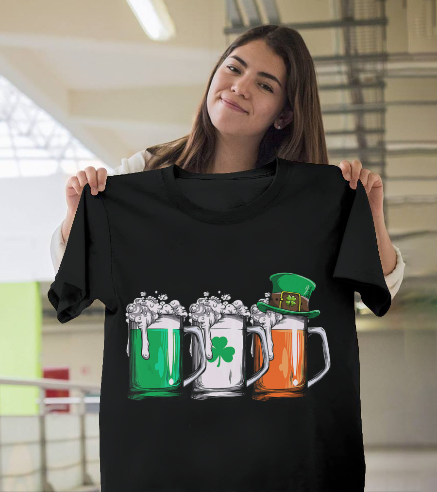 Irish Flag Beer Mugs Leprechaun Hat Shamrock T-Shirt