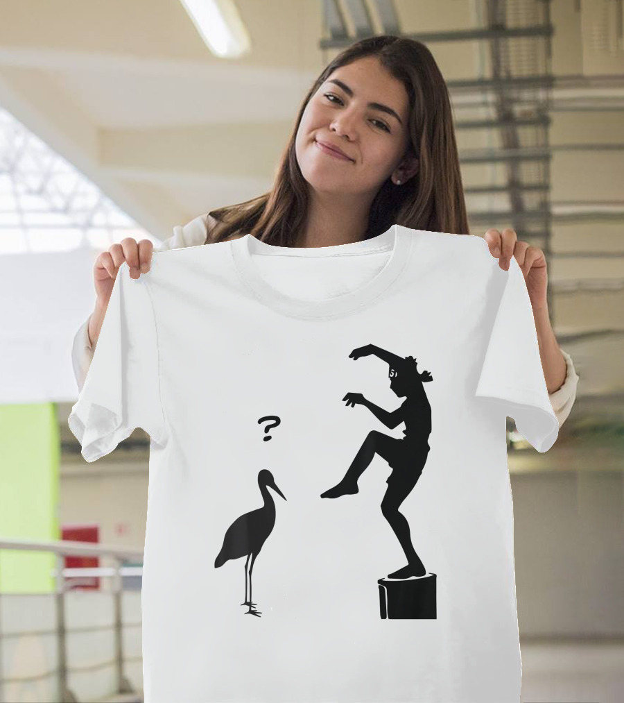 Karate Teen Crane Kick Pose on Pacific Ocean Beach with Surprised Bird T-Shirt