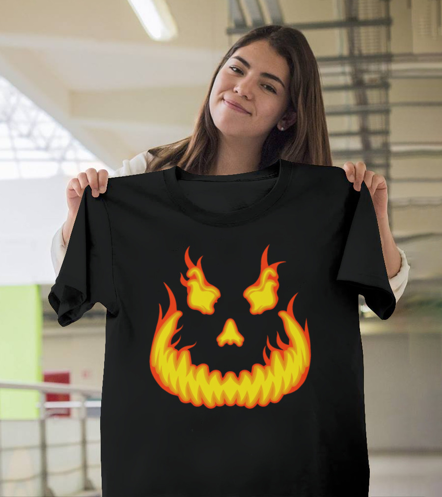 Fiery Pumpkin Evil Smile Scary Jack O'Lantern Face T-Shirt
