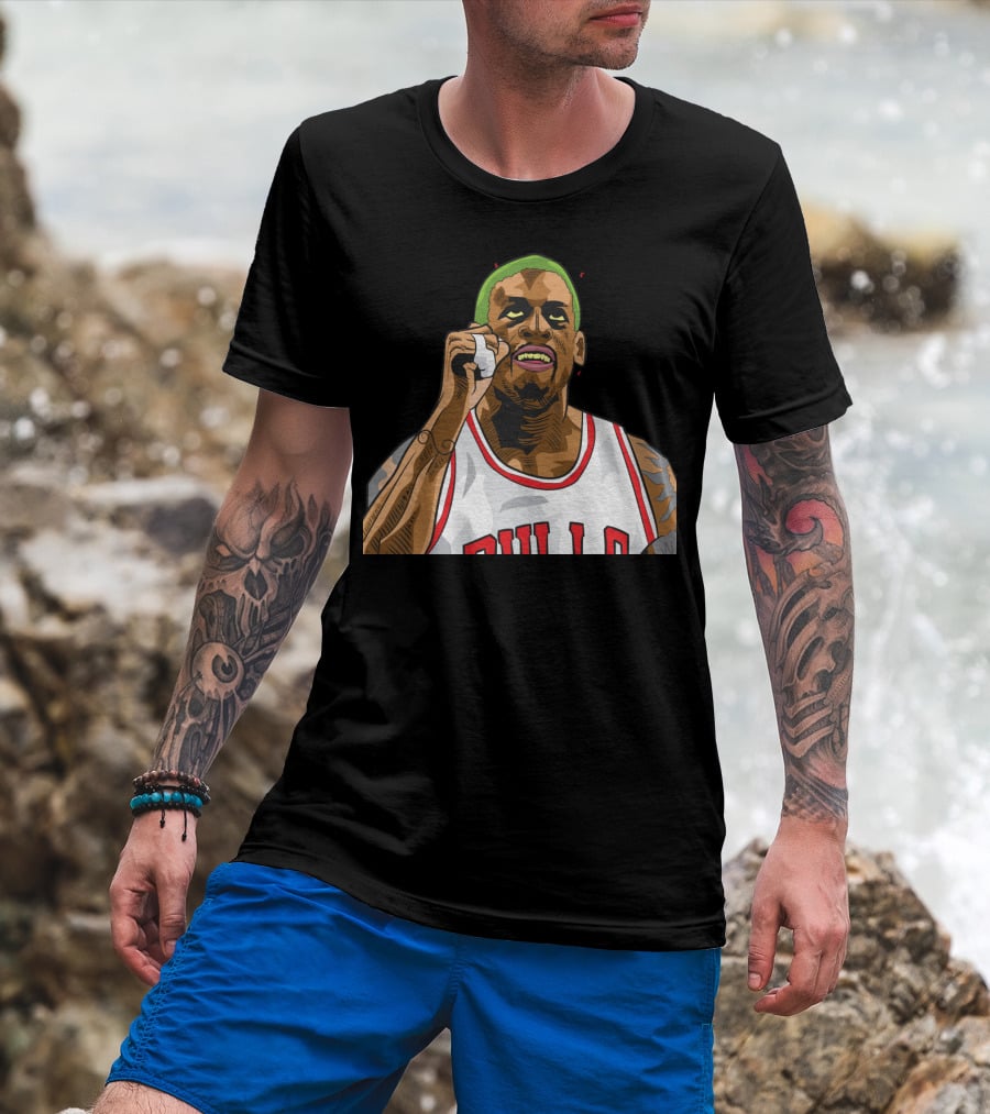 Mitchell And Ness Dennis Rodman Bulls Iconic Green Hair Basketball Legend T-Shirt