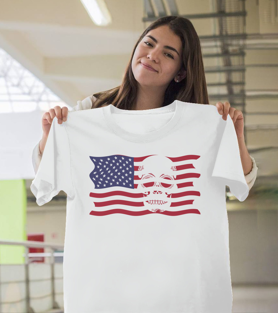 Hold The Line Thin Blue Line Skull USA Flag T-Shirt