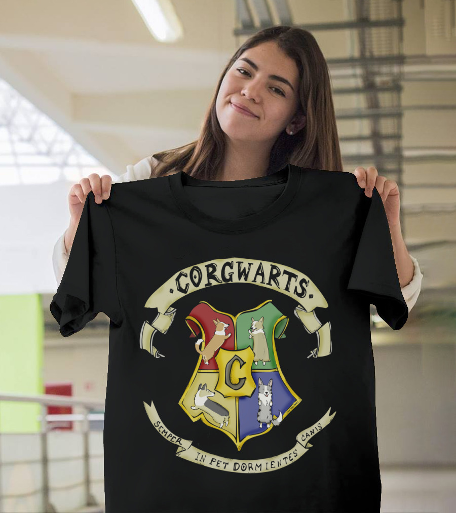 Corgwarts Crest Semper In Pet Dormientes Canis with Four Corgis and Letter C T-Shirt