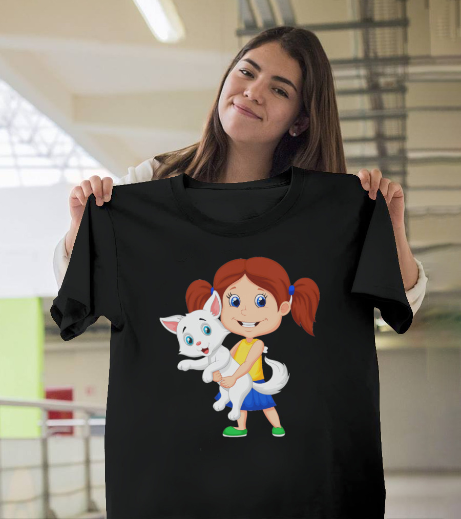 Girl Holding White Dog in Blue Skirt and Yellow Top T-Shirt