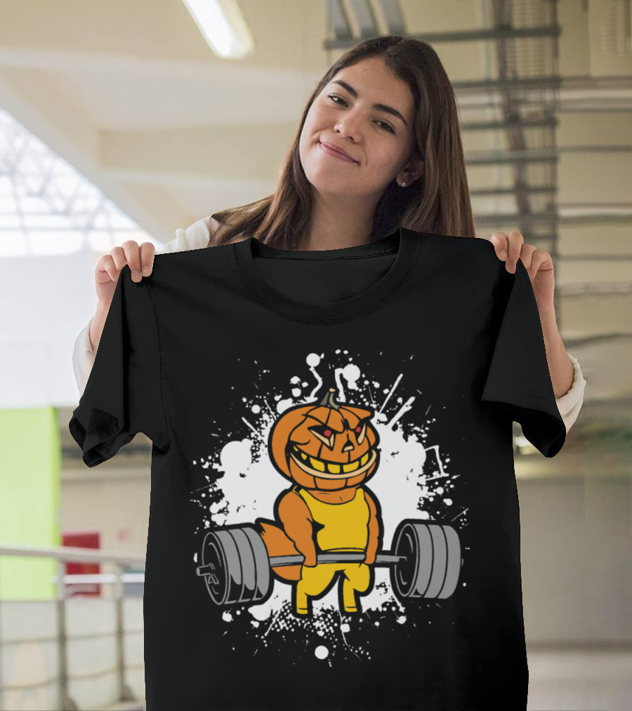 Halloween Pumpkin Weightlifting Gym Workout Character Lifting Barbell T-Shirt