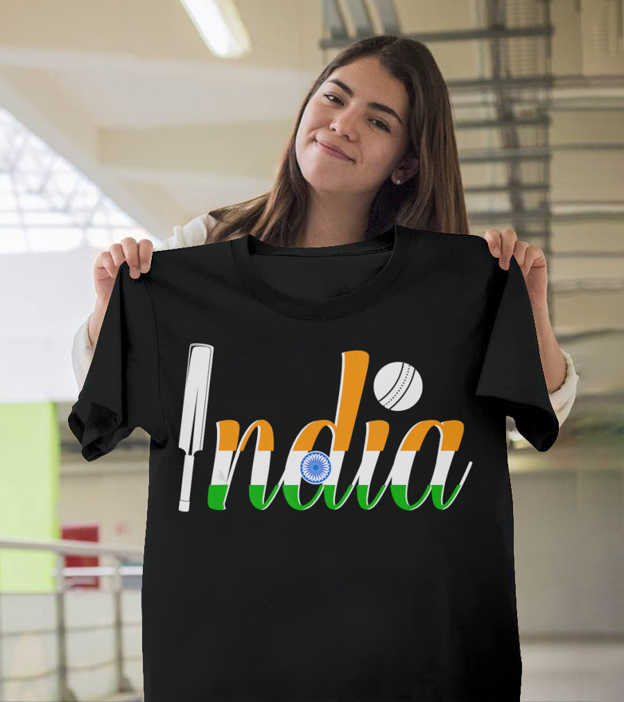 India Cricket Fan Flag and Bat T-Shirt