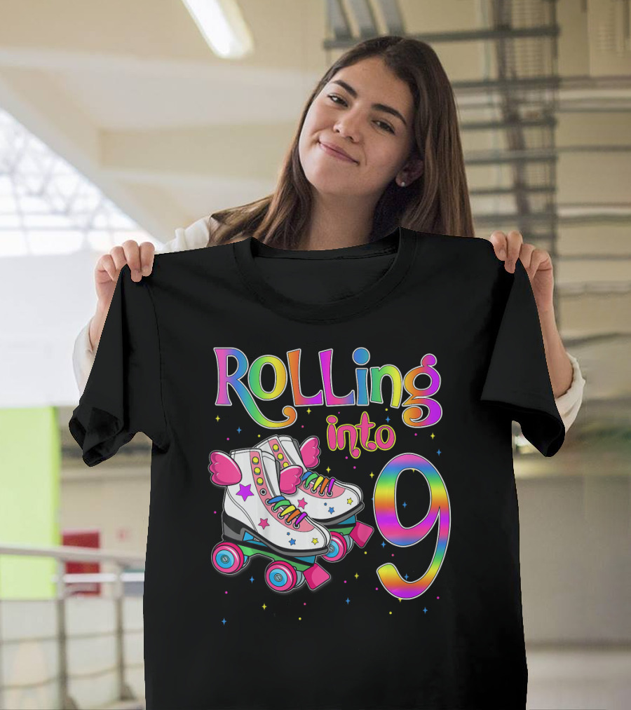 Rolling Into 9 Colorful Roller Skates Lets Roll I'm Kids T-Shirt