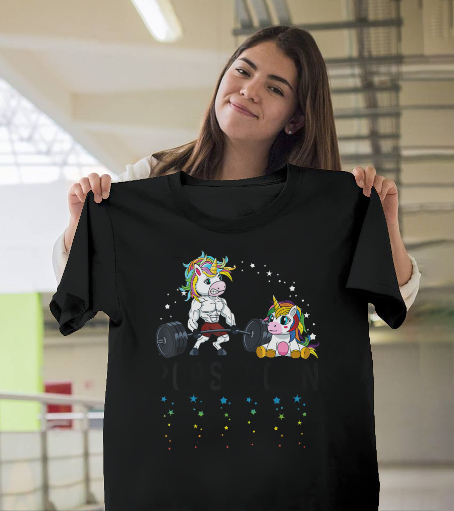 Mens Popsicorn Unicorn Lifting Weights with Rainbow Stars T-Shirt