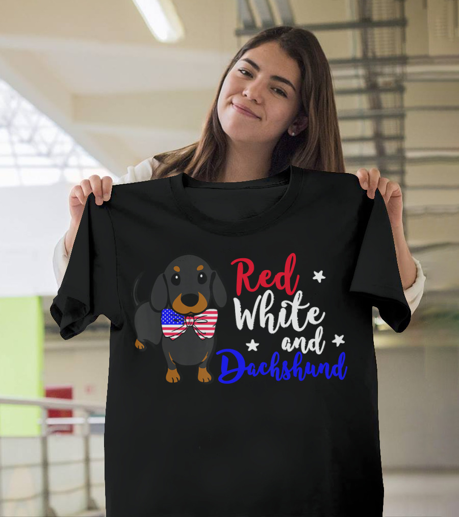 Red White and Dachshund Bow Tie Stars T-Shirt