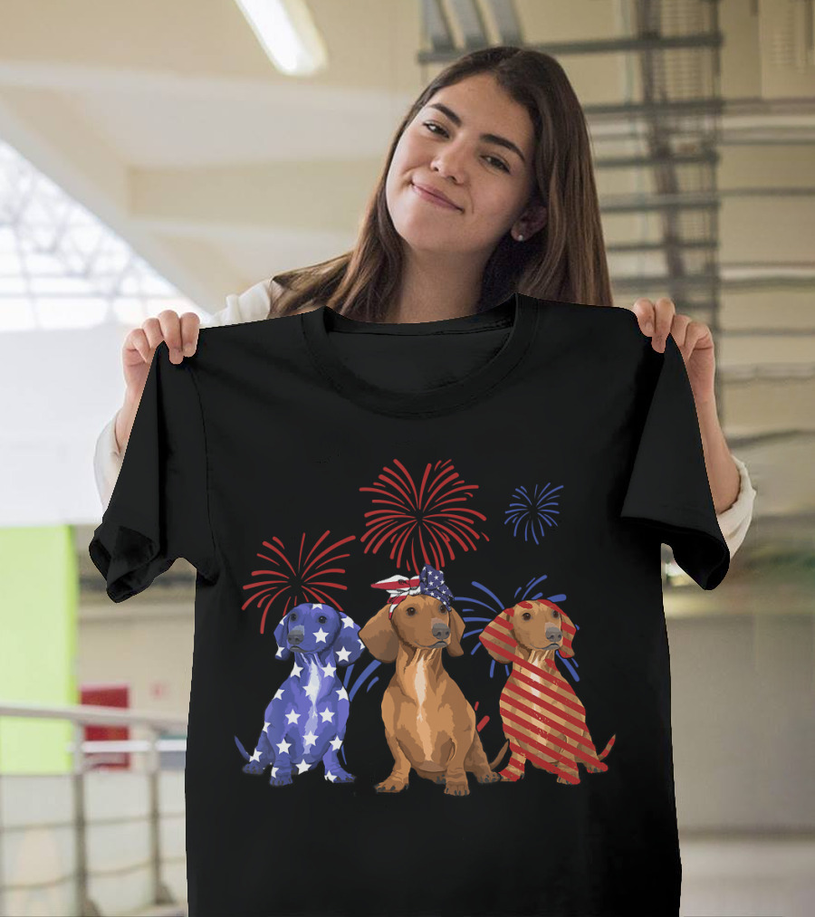 Red White Blue Dachshund USA Flag Fireworks Patriotic T-Shirt