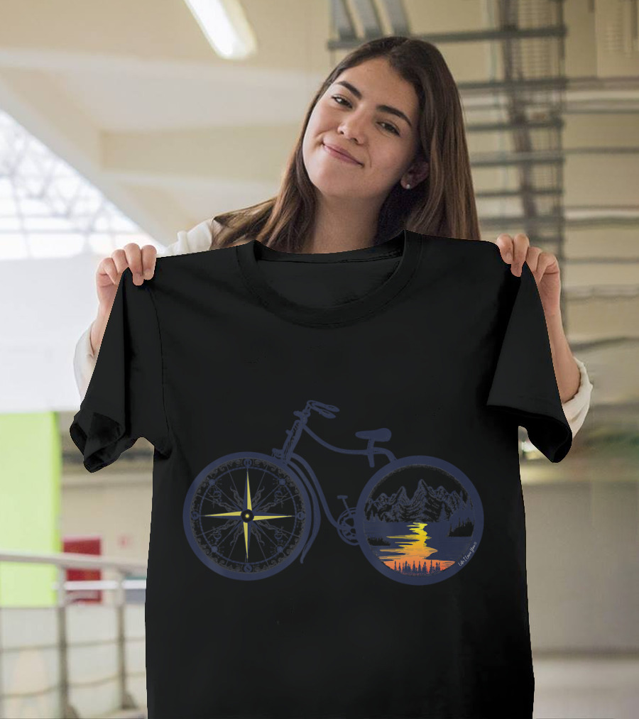 Retro Bicycle with Compass and Mountain Adventure Sunset T-Shirt