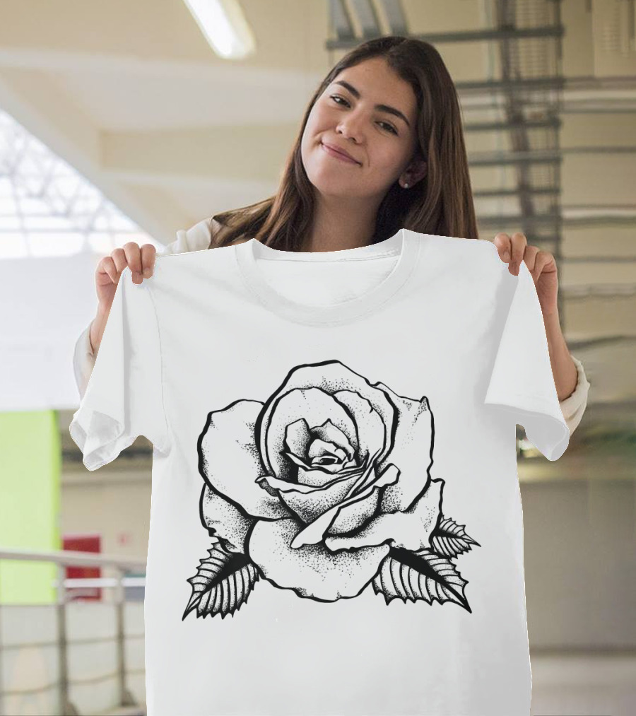 Rose Tattoo Drawing Black and White Detailed Floral T-Shirt
