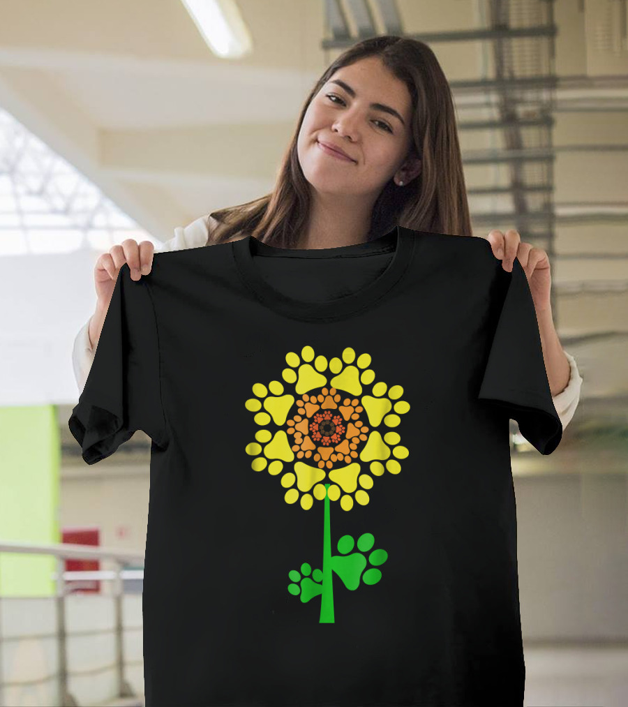 Sunflower Dog Paw Pattern with Green Stem and Leaves T-Shirt