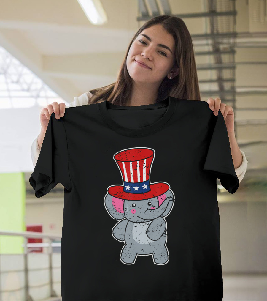 American Flossing Elephant with Patriotic Hat 4th of July T-Shirt
