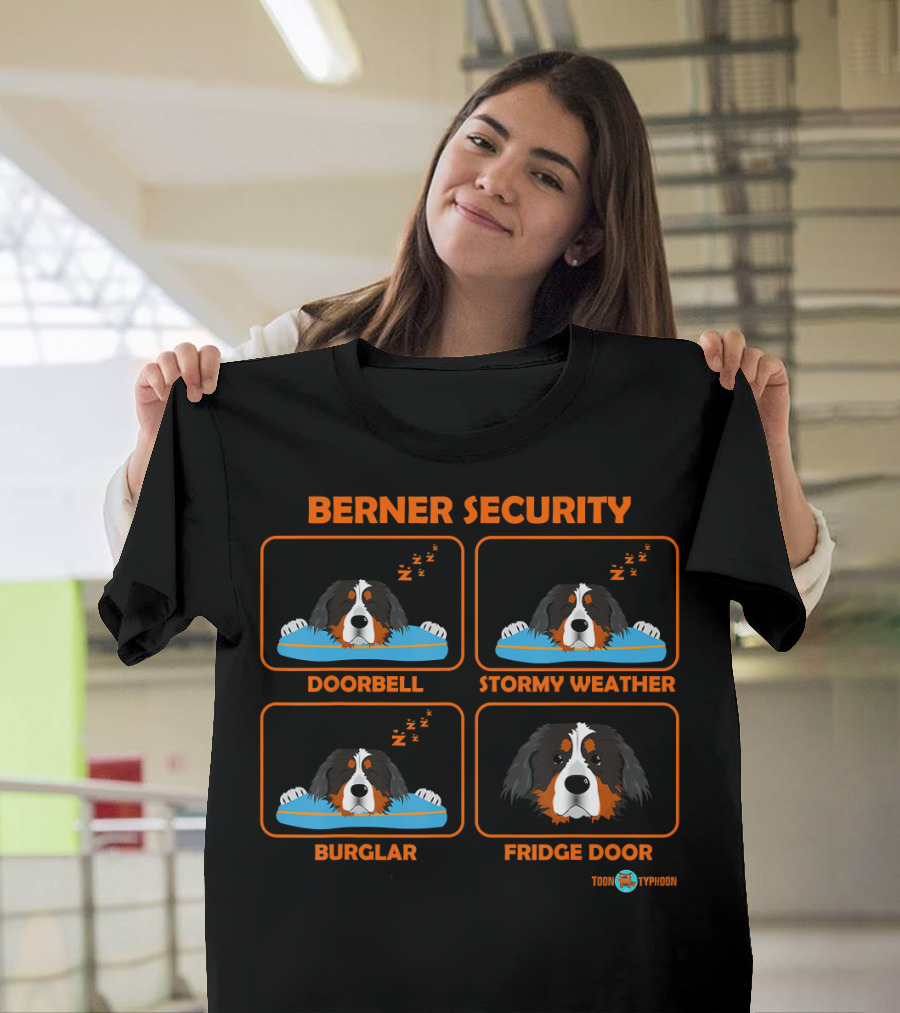 Berner Security Doorbell Stormy Weather Burglar Fridge Door Bernese Mountain Toon Typhoon T-Shirt
