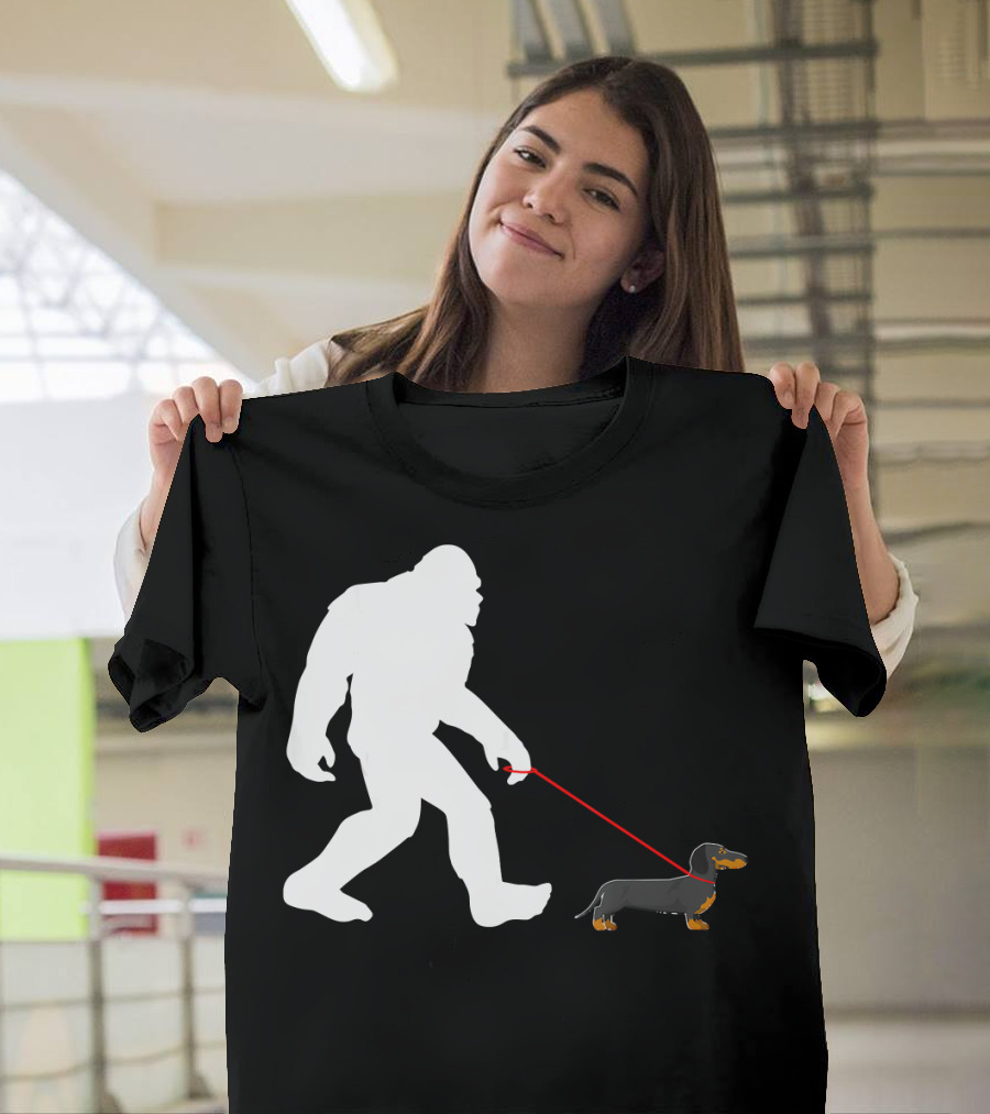 Bigfoot Walking Dachshund Funny Dog Silhouette Humor T-Shirt