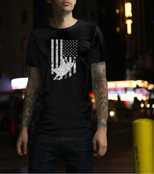 Cowboy Riding Bull American Flag Patriotic T-Shirt