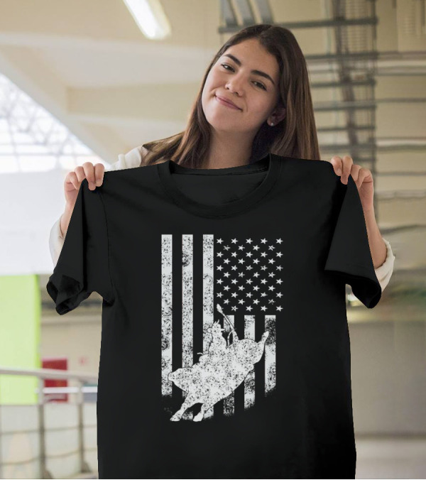 Cowboy Riding Bull American Flag Patriotic T-Shirt