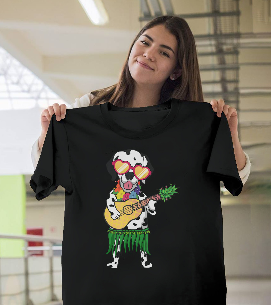 Dalmatian Hawaiian Costume Playing Ukulele with Pineapple Design and Heart Sunglasses T-Shirt
