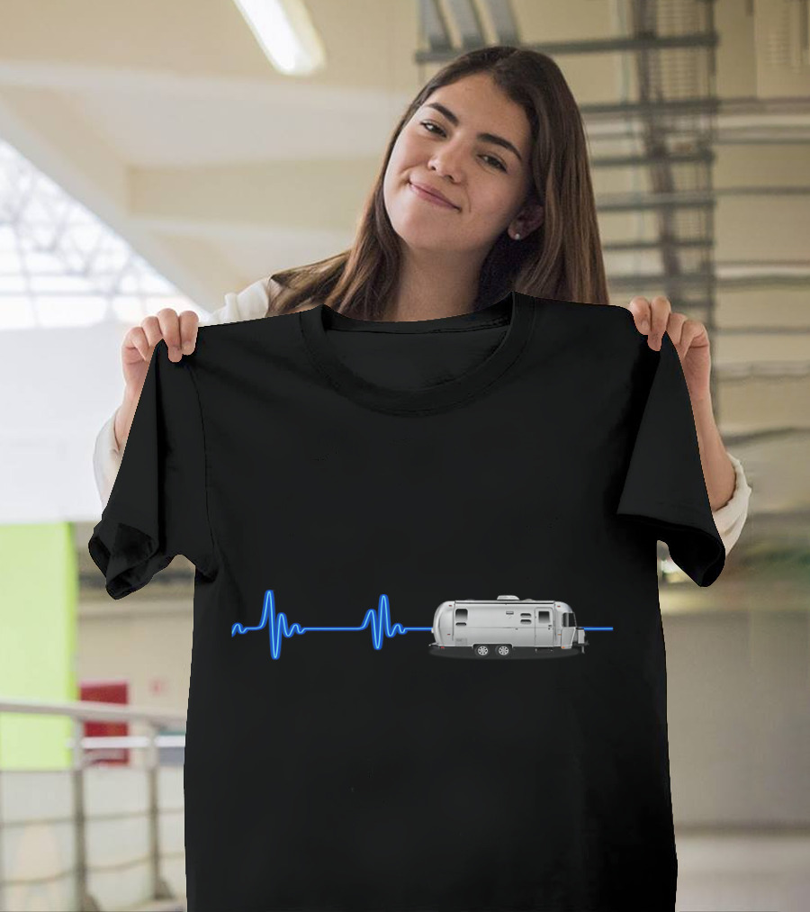A Great Airstream with a Blue Heartbeat Line T-Shirt